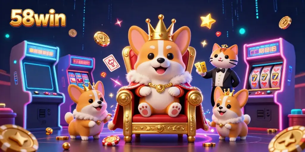 Experience the excitement of 58win with a royal corgi in a vibrant casino scene.