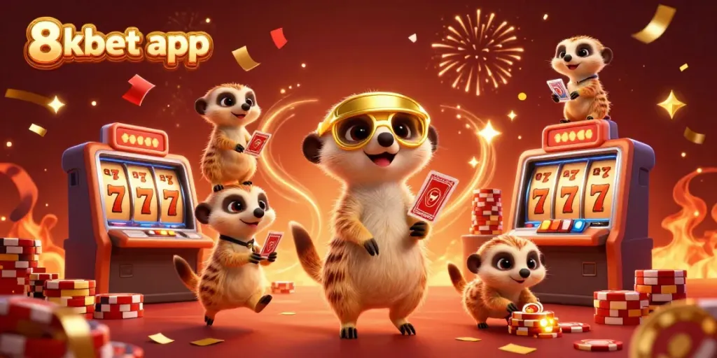 Experience the excitement of the 8xbet app with fun meerkats in a casino scene featuring slot reels and jackpots.