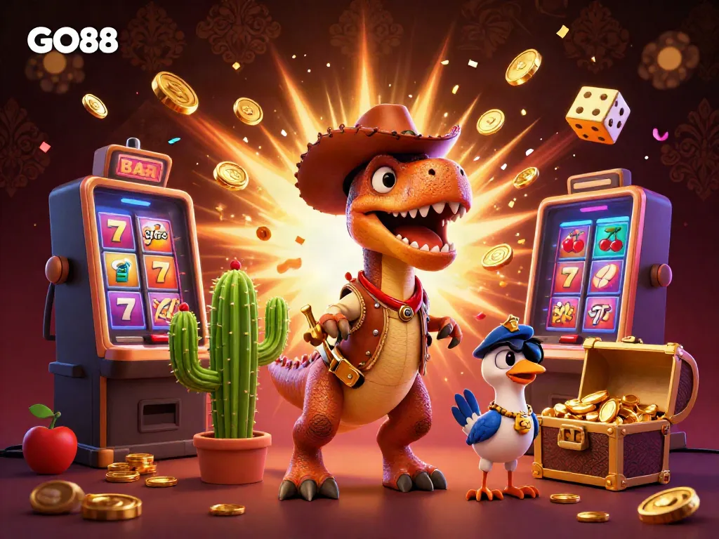 Experience the excitement of GO88 with a dynamic scene featuring a dinosaur, cactus, and roadrunner in a vibrant casino setting.
