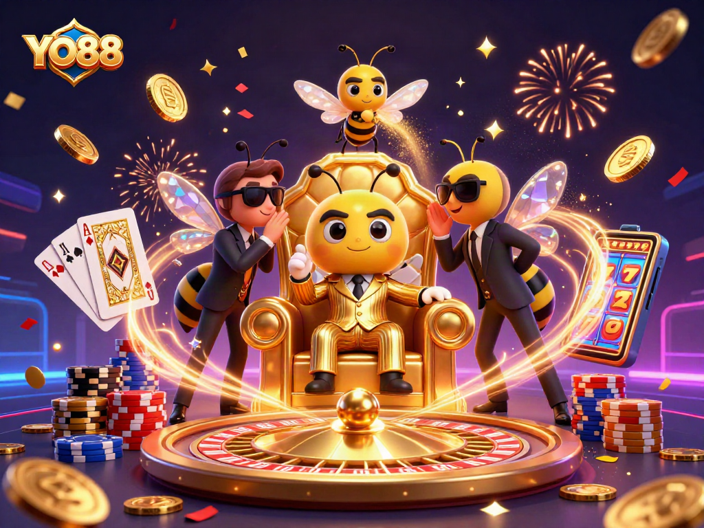 Experience thrilling gaming at YO88 with a dynamic illustration of characters and casino elements.