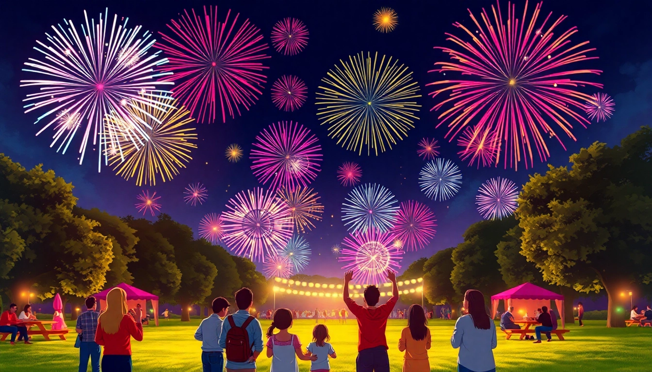 Amazing scene of cheap fireworks near me lighting up the night sky over a festive crowd.