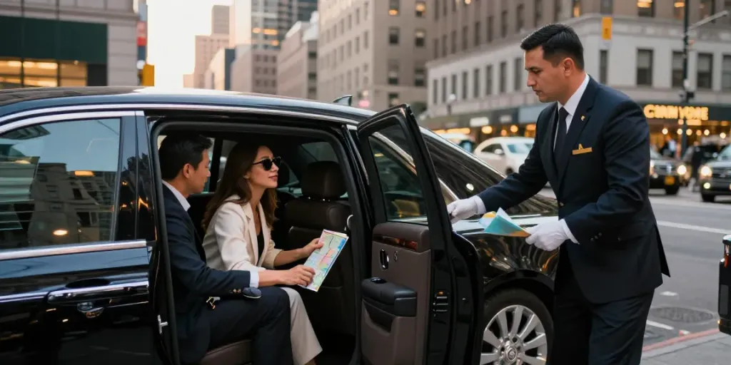 Black car service NYC with chauffeur assisting passengers in a vibrant city setting.