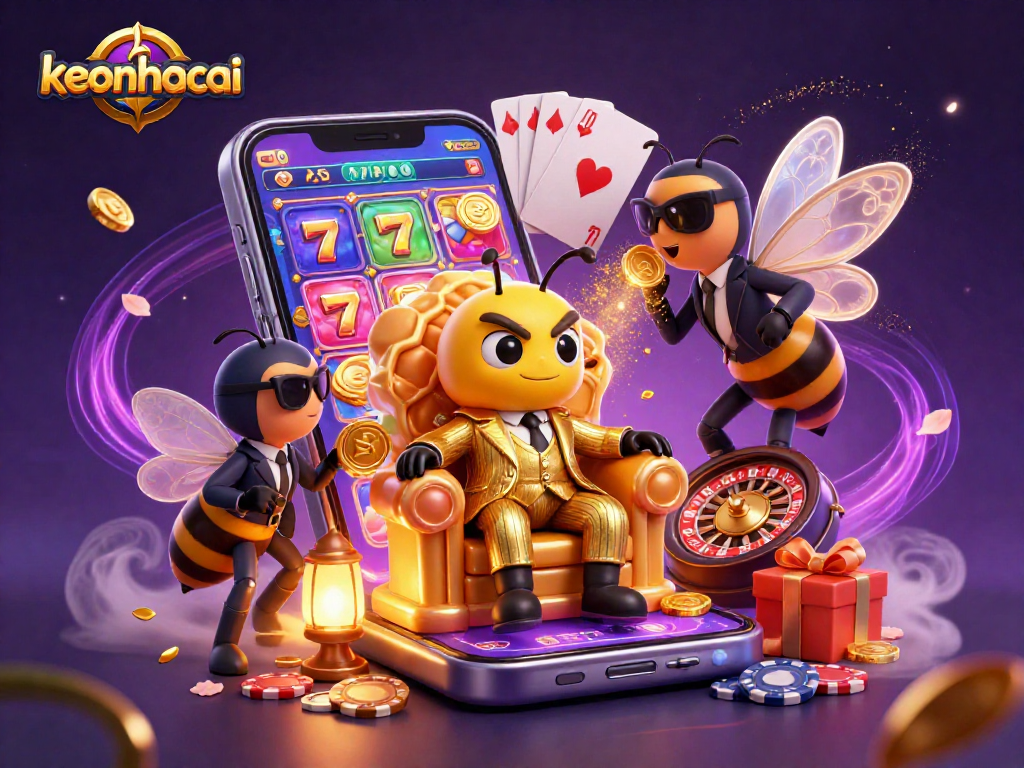 Experience keonhacai's excitement with a cartoon bumblebee mob boss amidst vibrant casino elements.