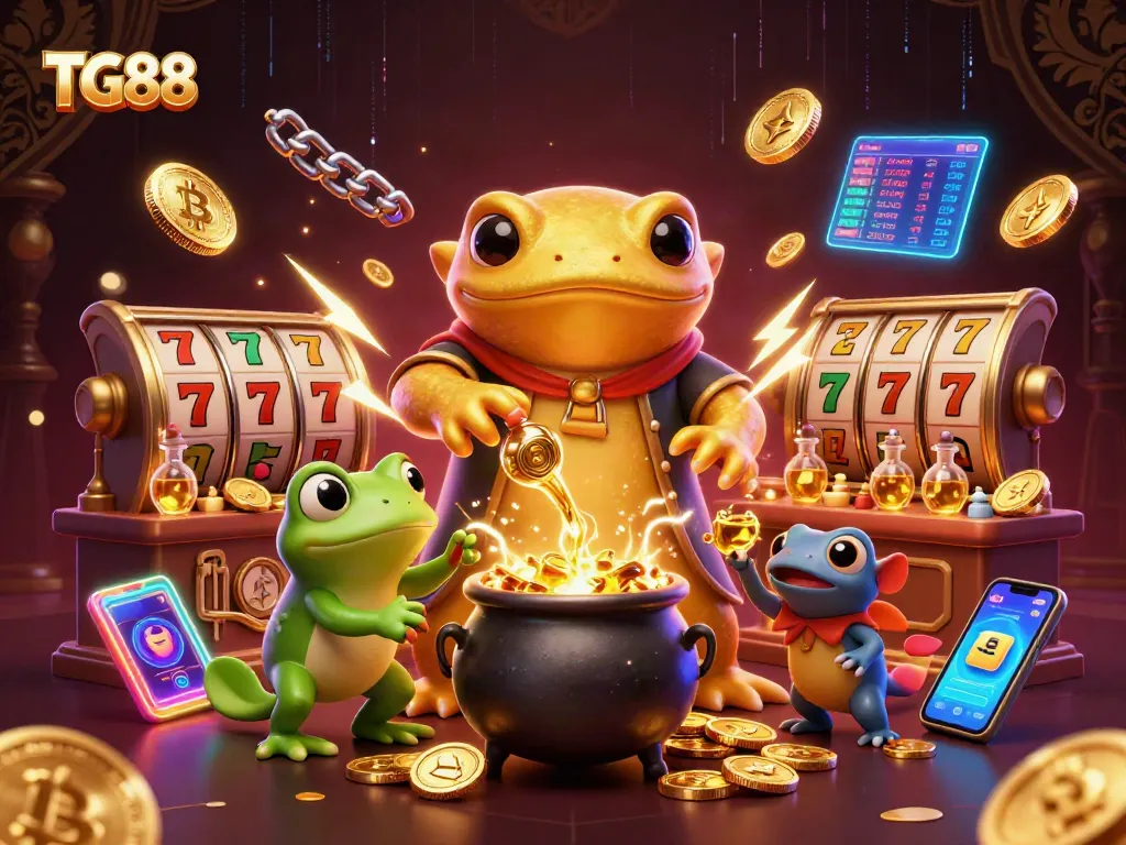 Experience the excitement of TG88 with vibrant slots and crypto coins in a dynamic casino scene.