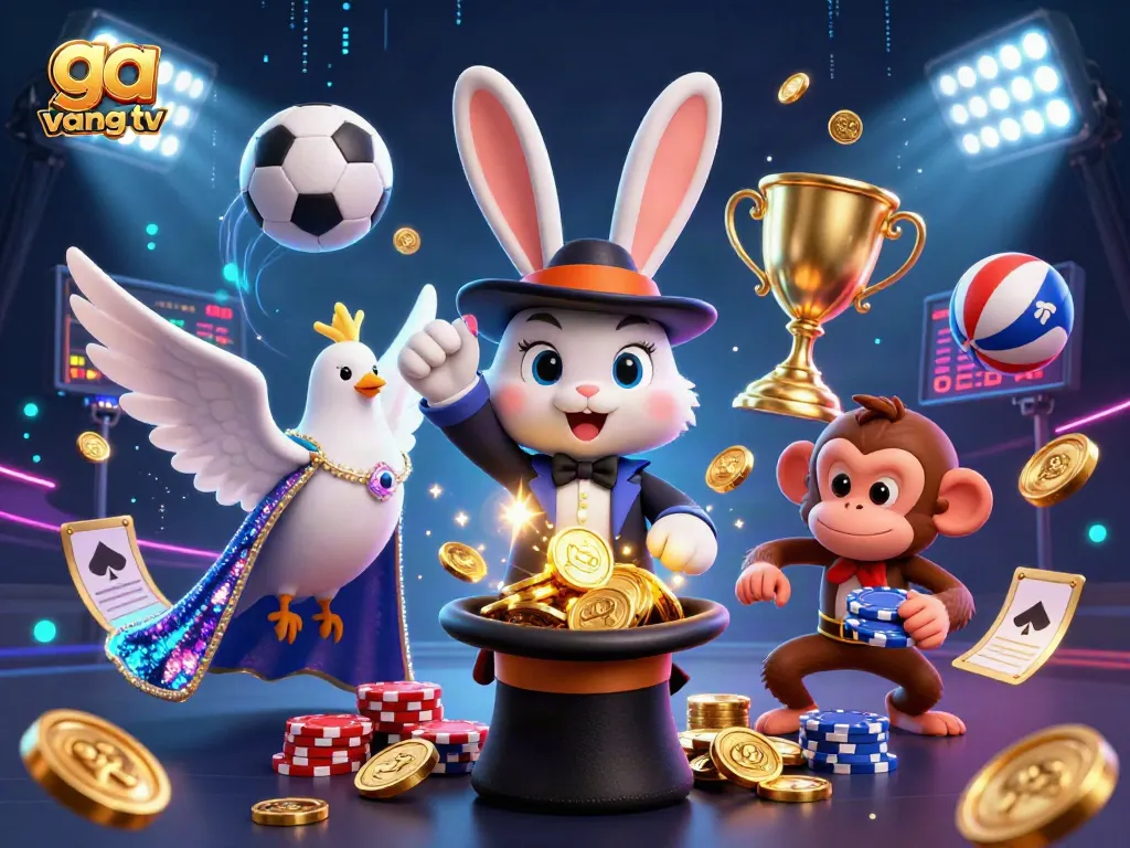 Engage with ga vang tv as a magician rabbit conjures coins amid dynamic sports elements.