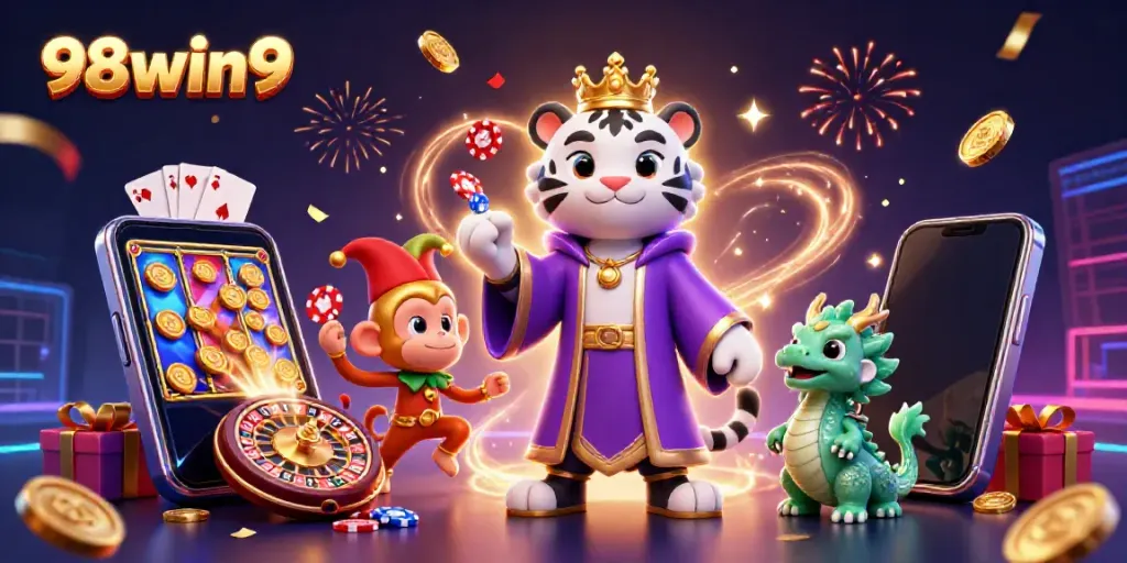 98win9 showcases a 3D white tiger, monkey, and jade dragon in a vibrant casino scene filled with game elements.