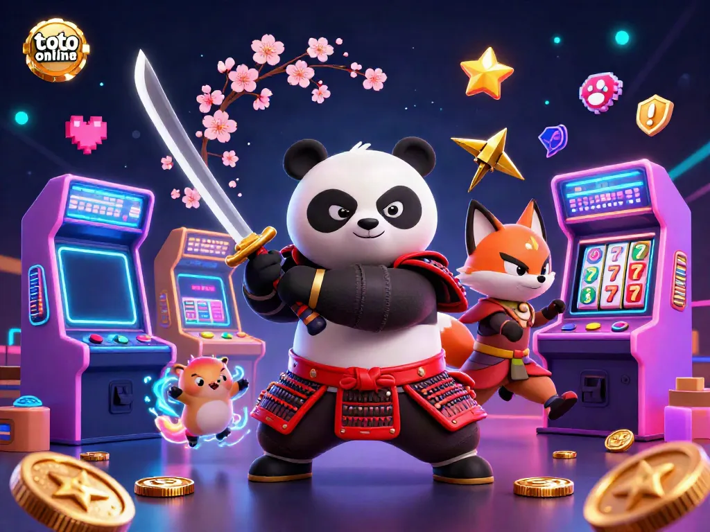 Engage in thrilling toto online gameplay with a samurai panda and ninja fox in a vibrant casino environment.