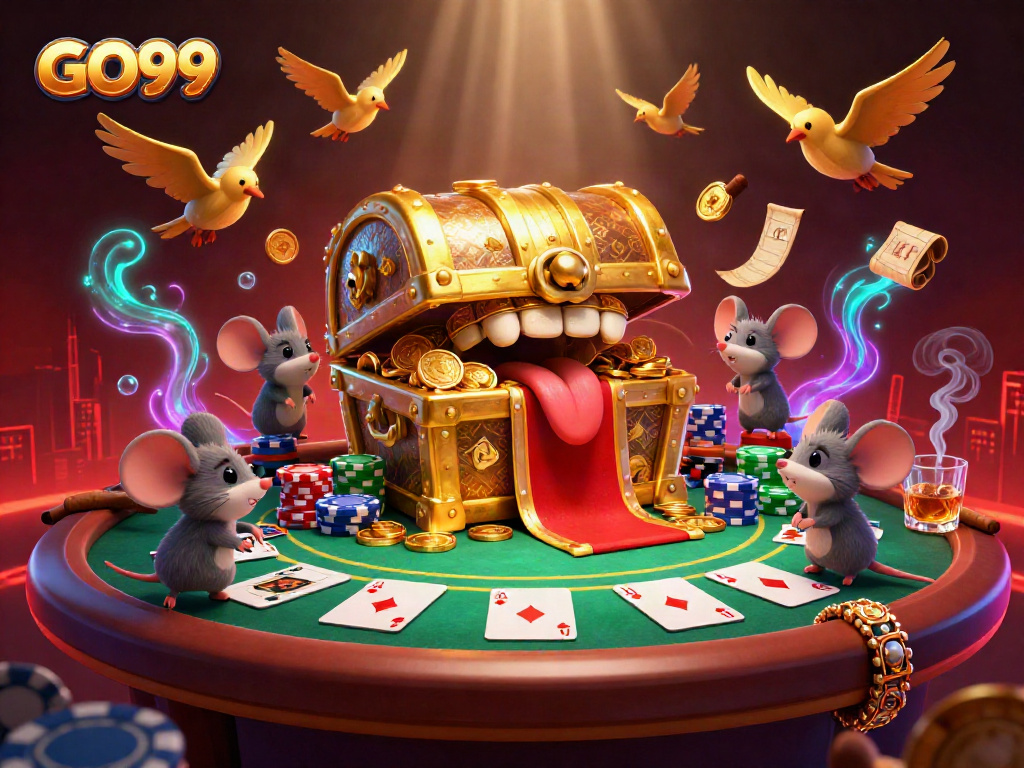 Experience the thrill of GO99 with adventurer mice lured by a golden treasure chest in this vibrant casino scene.