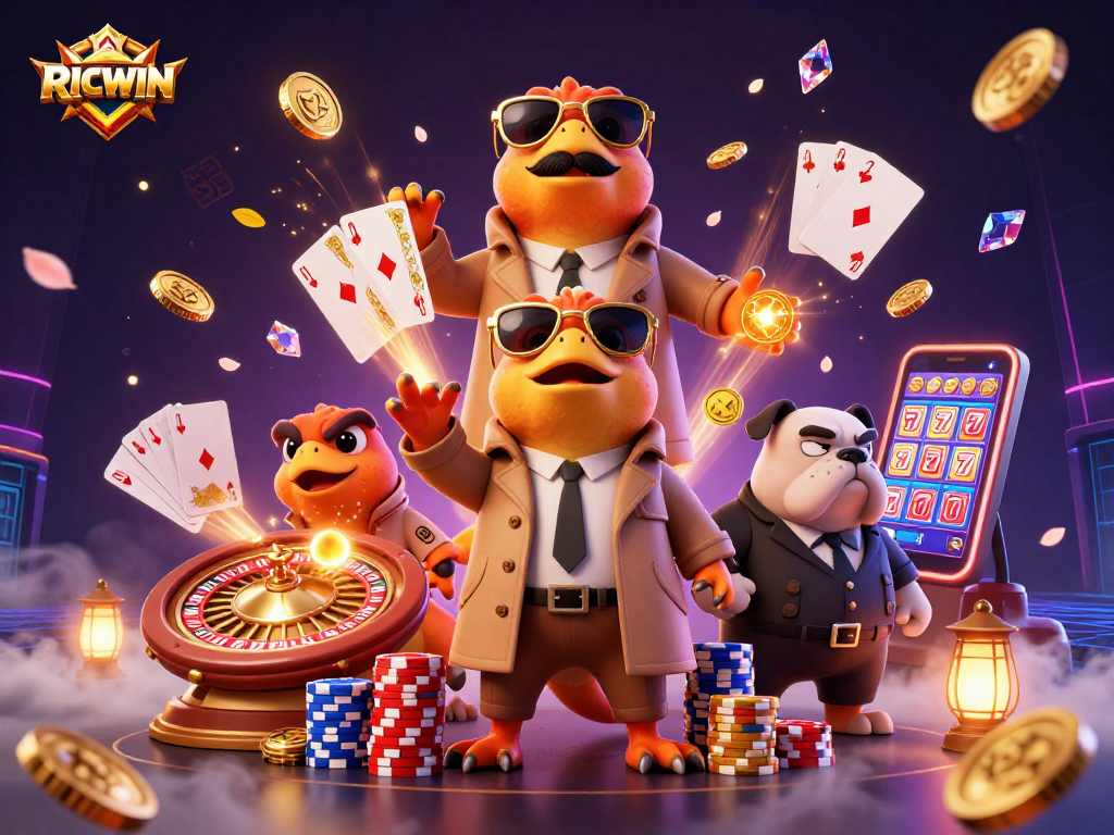 Experience thrilling moments with RICWIN in a vibrant casino scene featuring entertaining raptors.