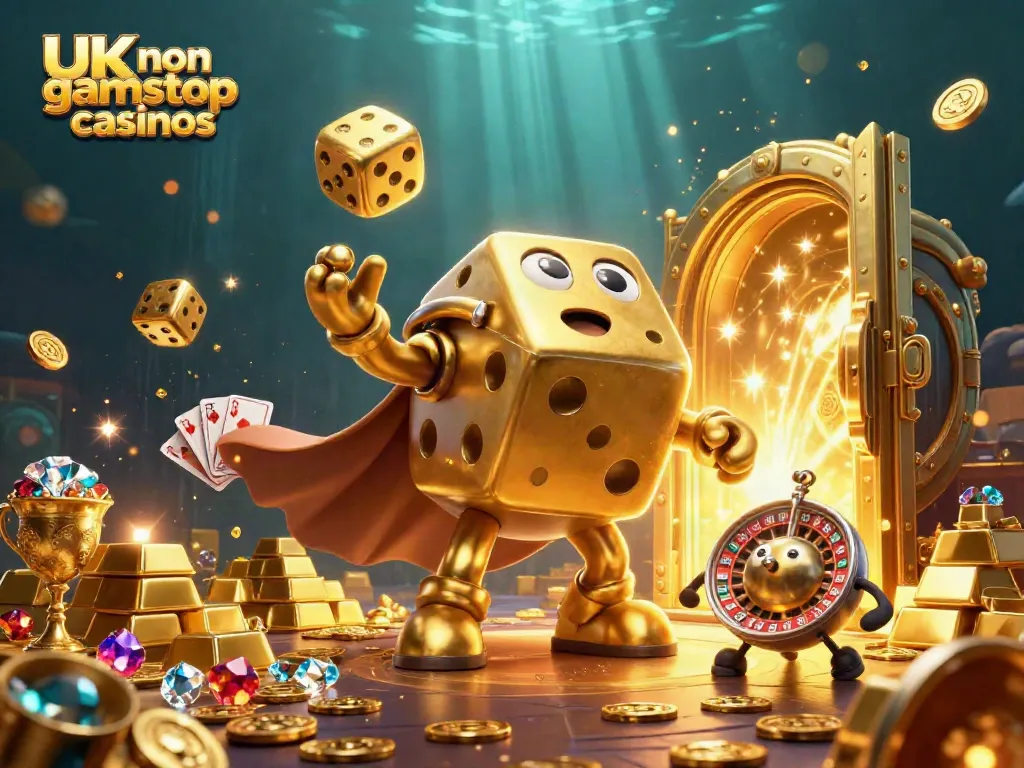 Experience the thrill of UK non gamstop casinos with vibrant 3D illustration of golden dice, gems, and treasure.