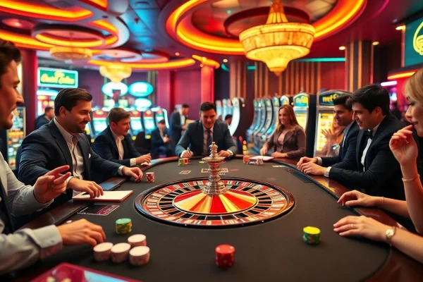 An exciting casino atmosphere showcasing players at a roulette table, highlighting the experience of mb66.nyc.