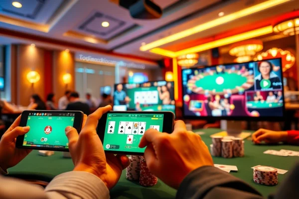 Discover thrilling card games at topgamebaidoithuong.mx, showcasing players engaged in exciting matches with vibrant digital interfaces.