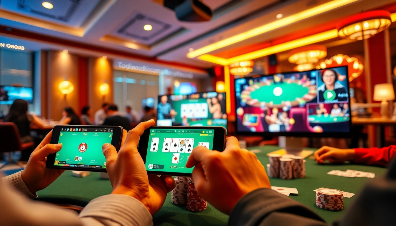 Discover thrilling card games at topgamebaidoithuong.mx, showcasing players engaged in exciting matches with vibrant digital interfaces.