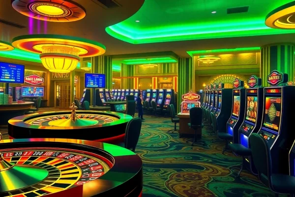 Experience thrills at rikvip.gb.net with dynamic online gaming visuals featuring casino tables and vibrant slot machines.