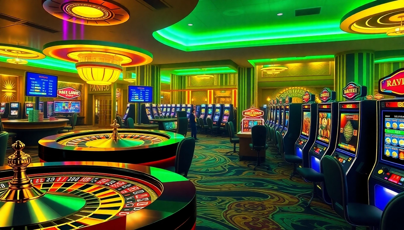 Experience thrills at rikvip.gb.net with dynamic online gaming visuals featuring casino tables and vibrant slot machines.