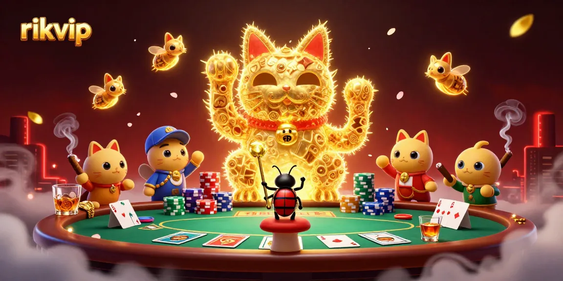 Experience excitement with rikvip, a captivating lucky cat and poker scene filled with vibrant casino elements.