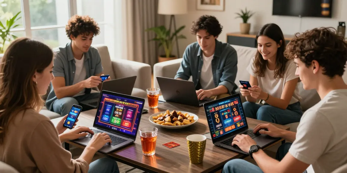 Players exploring credit card casinos on laptops and smartphones in a vibrant living room, showcasing diverse gaming options.