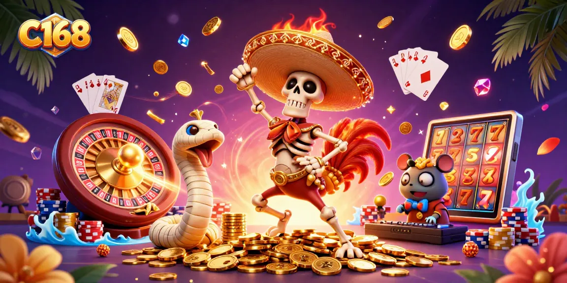 C168 offers a vibrant casino scene with dynamic characters celebrating wins amidst coins and lively gameplay elements.