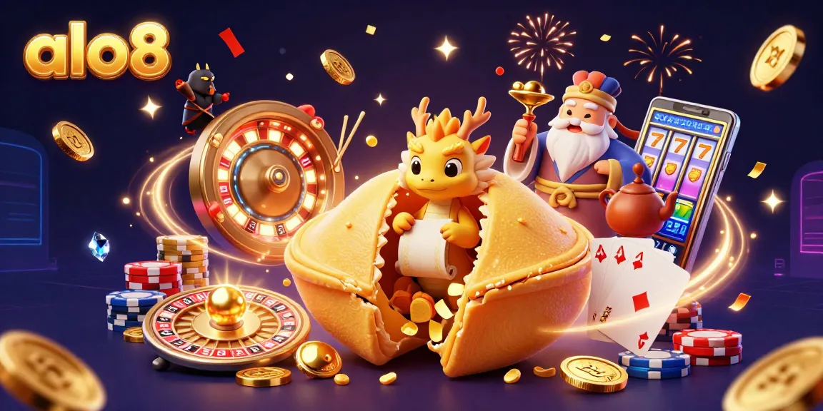 Experience the excitement of alo8 with a lively 3D casino scene featuring fortune cookies and treasure.