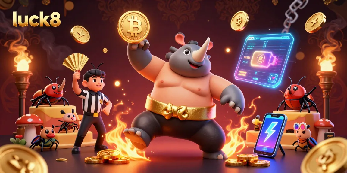 Experience the thrill of luck8 with a sumo champion beetle, crypto coins flying in a vibrant casino scene.