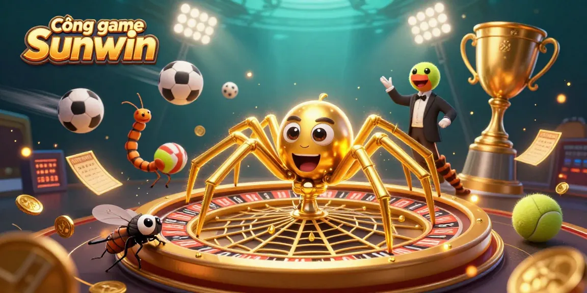 Cổng game Sunwin features a vibrant 3D scene with a golden spider and a centipede croupier amidst sports elements and sparkling coins.