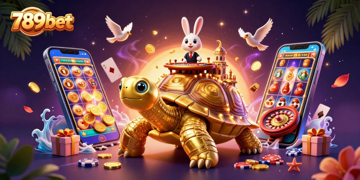 Experience thrilling gaming at 789bet with a fun 3D illustration of a casino on a golden tortoise's back.