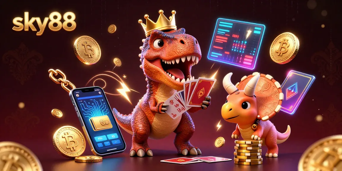 Engage with exciting sky88 games featuring a T-Rex playing cards among crypto elements.