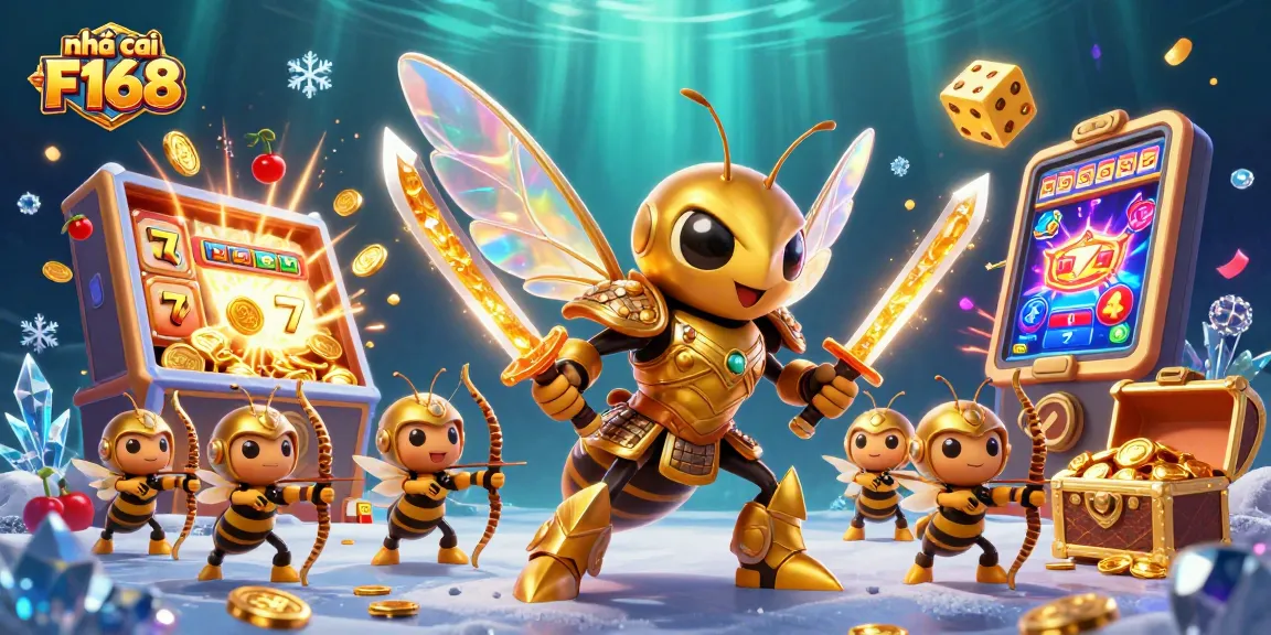 Engage with the vibrant energy of nhà cái F168, where a golden hornet samurai leads an immersive gaming adventure with slot machines and gold.