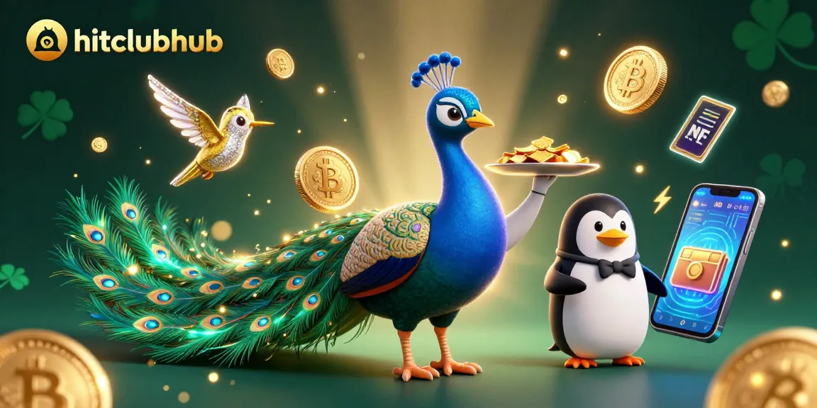 Engage with hitclubhub's vibrant casino scene, featuring a peacock and penguin amidst neon crypto elements.