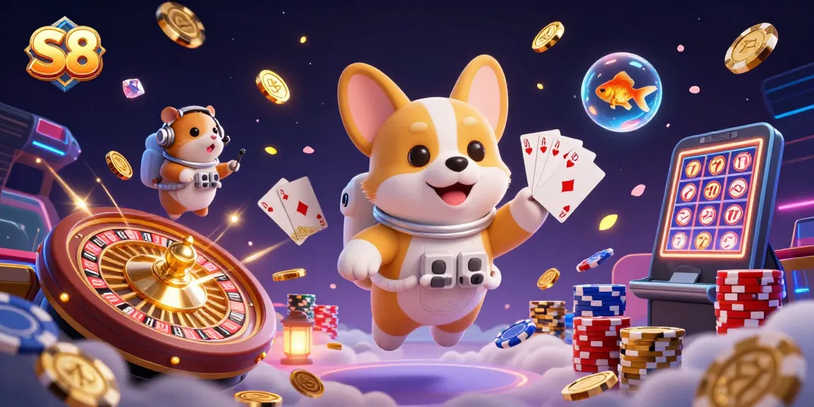 S8's exciting casino experience captured with a cartoon astronaut corgi amidst coins and games