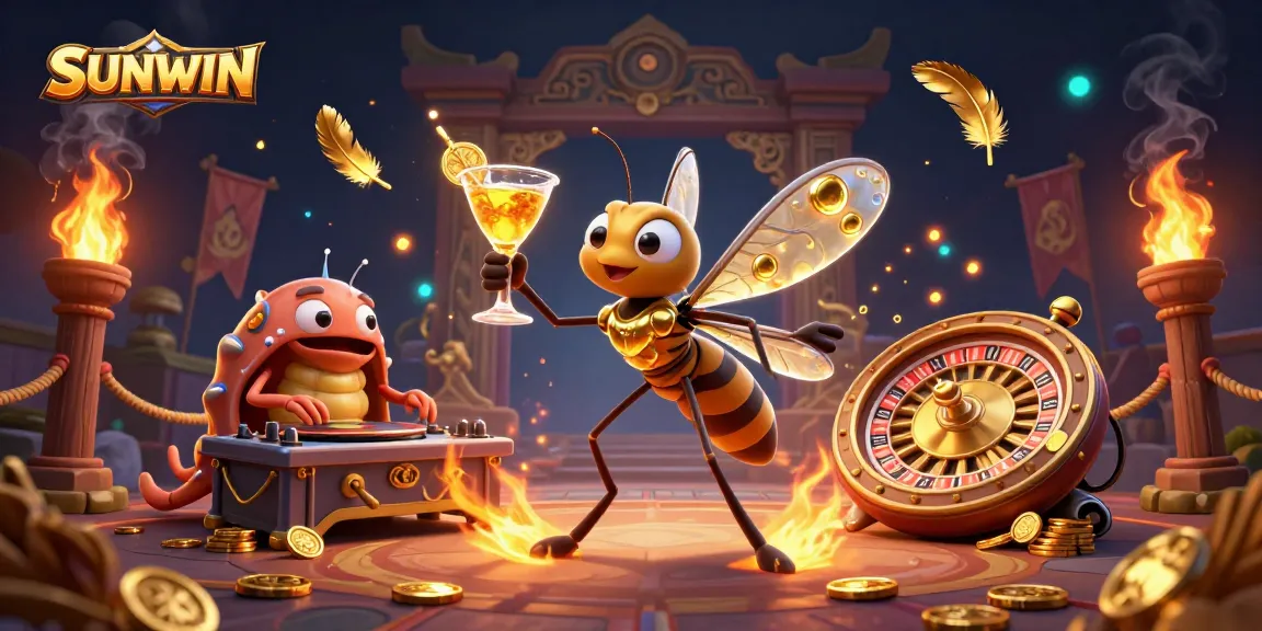 SUNWIN Casino characters sparking excitement around a golden roulette wheel in a vibrant gaming atmosphere.