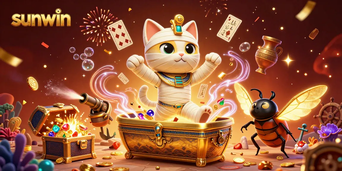 Engage with sunwin casino games featuring an energetic mummy cat and golden figures in a dynamic scene.